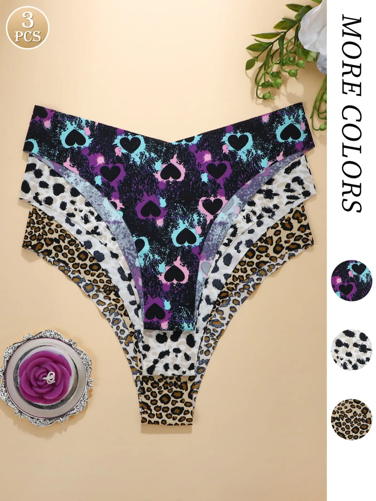 Women'S Floral Heart Leopard Print Everyday Wear Underwear Set, 3/4/6/7/8/10/12 Pieces, Casual Fitted Design, All Seasons Comfortable Panties, Lingerie, Casual Comfy Panty